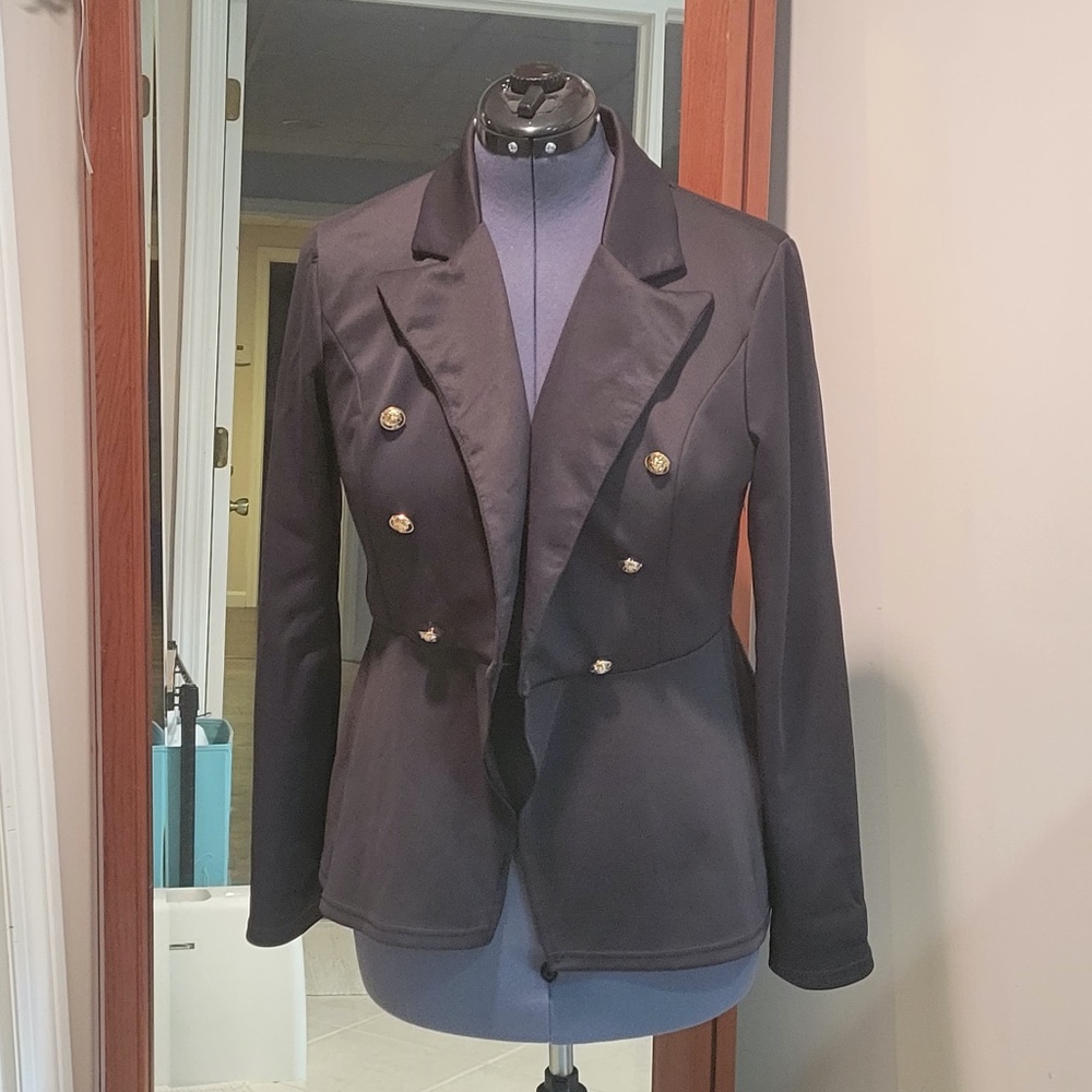 Black Satin Blazer with Decorative Buttons